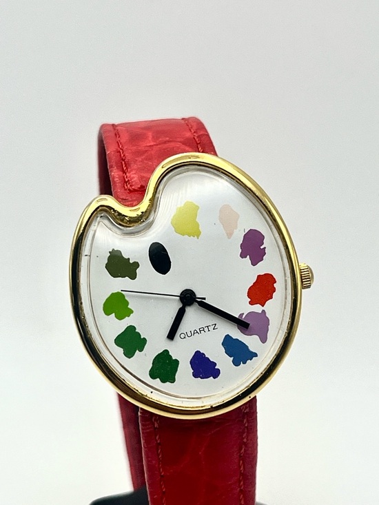 Accessories - Vintage Palette Paint Quartz Watch with Red Leather Strap